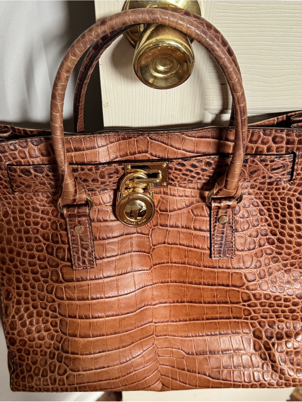 Michael Kors Hamilton Python Croco Brown Leather East West EW Satchel